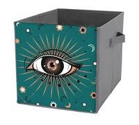 Donnapink 1 PC Square PU Leather Storage Basket Bin Foldable Organizer with Handles, Clothes Bucket Waterproof Laundry Hamper 10.6"x10.6"x10.6" Print All-Seeing Symbol Bohemian Style On Green