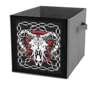 Donnapink 1 PC Square PU Leather Storage Basket Bin Foldable Organizer with Handles, Clothes Bucket Waterproof Laundry Hamper 10.6"x10.6"x10.6" Print Devil Bull Skull Demon Red Black White