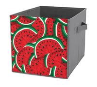 Donnapink 1 PC Square PU Leather Storage Basket Bin Foldable Organizer with Handles, Clothes Bucket Waterproof Laundry Hamper 10.6"x10.6"x10.6" Print Watermelon Red Fruit Slices Texture
