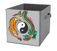 Donnapink 1 PC Square PU Leather Storage Basket Bin Foldable Organizer with Handles, Waterproof Laundry Hamper 10.6"x10.6"x10.6" Print Green Red Dragon and Orange Tiger Around Black White Yin Yang