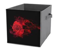Donnapink 1 PC Square PU Leather Storage Basket Bin Foldable Organizer with Handles, Waterproof Laundry Hamper 10.6"x10.6"x10.6" Print Red Rose Flower Wrapped in Red Smoke Swirl on Black Background