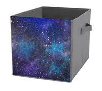 Donnapink 1 PC Square PU Leather Storage Basket Bin Foldable Organizer with Handles, Waterproof Laundry Hamper 10.6"x10.6"x10.6" Print Purple Blue Galaxy Space with Glitter Stars Outer Space Galaxies