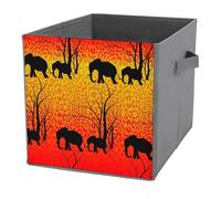 Donnapink 1 PC Square PU Leather Storage Basket Bin Foldable Organizer with Handles, Waterproof Laundry Hamper 10.6"x10.6"x10.6" Print Batik Tiger Skin Black Elephant Forest Silhouettes Yellow Red
