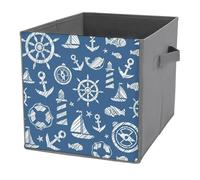 Donnapink 1 PC Square PU Leather Storage Basket Bin Foldable Organizer with Handles, Waterproof Laundry Hamper 10.6"x10.6"x10.6" Print Vintage Blue Sea Voyage Anchor Steering Wheel Ship Lighthouse