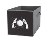 Donnapink 1 PCSquare Oxford Cloth Storage Basket Bin Foldable Organizer with Handles, Waterproof Laundry Hamper 10.6"x10.6"x10.6" Print Black White Full Moon with Rays in The Hands of Fortune Teller