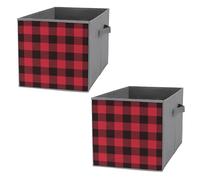 Donnapink 2 PCs Square Oxford Cloth Storage Basket Bin Foldable Organizer with Handles, Clothes Bucket Waterproof Laundry Hamper 10.6"x10.6"x10.6" Print Lumberjack Plaid Black Red Checker