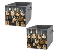 Donnapink 2 PCs Square Oxford Cloth Storage Basket Bin Foldable Organizer with Handles, Clothes Bucket Waterproof Laundry Hamper 10.6"x10.6"x10.6" Print Acoustic Guitars Music Seamless