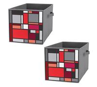 Donnapink 2 PCs Square Oxford Cloth Storage Basket Bin Foldable Organizer with Handles, Clothes Bucket Waterproof Laundry Hamper 10.6"x10.6"x10.6" Print Red Black White Geometric Checker