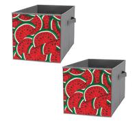 Donnapink 2 PCs Square Oxford Cloth Storage Basket Bin Foldable Organizer with Handles, Clothes Bucket Waterproof Laundry Hamper 10.6"x10.6"x10.6" Print Watermelon Red Fruit Slices Texture