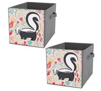 Donnapink 2 PCs Square PU Leather Storage Basket Bin Foldable Organizer with Handles, Clothes Bucket Waterproof Laundry Hamper 10.6"x10.6"x10.6" Print Black White Skunks Red Floral Flowers Pattern