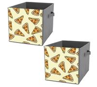 Donnapink 2 PCs Square PU Leather Storage Basket Bin Foldable Organizer with Handles, Clothes Bucket Waterproof Laundry Hamper 10.6"x10.6"x10.6" Print Vintage Style Pizza Slices Seamless Texture