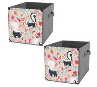 Donnapink 2 PCs Square PU Leather Storage Basket Bin Foldable Organizer with Handles, Clothes Bucket Waterproof Laundry Hamper 10.6"x10.6"x10.6" Print Skunks Red Floral Flowers