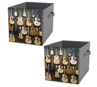 Donnapink 2 PCs Square PU Leather Storage Basket Bin Foldable Organizer with Handles, Clothes Bucket Waterproof Laundry Hamper 10.6"x10.6"x10.6" Print Acoustic Guitars Music Seamless