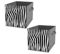 Donnapink 2 PCs Square PU Leather Storage Basket Bin Foldable Organizer with Handles, Waterproof Laundry Hamper 10.6"x10.6"x10.6" Print Black White Zebra Skin Print Stripes Animals Jungle Seamless