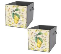Donnapink 2 PCs Square PU Leather Storage Basket Bin Foldable Organizer with Handles, Waterproof Laundry Hamper 10.6"x10.6"x10.6" Print Yellow Fresh Citrus Fruit Lemon with Green Leaves and Flowers