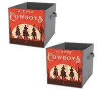 Donnapink 2 PCs Square PU Leather Storage Basket Bin Foldable Organizer with Handles, Waterproof Laundry Hamper 10.6"x10.6"x10.6" Print Three Cowboys Riding a Horse Moon Cacti on a Red Wooden Sign