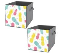 Donnapink 2 PCs Square PU Leather Storage Basket Bin Foldable Organizer with Handles, Waterproof Laundry Hamper 10.6"x10.6"x10.6" Print Seamless Colorful Pineapples on White Summer Tropical Fruits