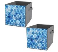 Donnapink 2 PCs Square PU Leather Storage Basket Bin Foldable Organizer with Handles, Waterproof Laundry Hamper 10.6"x10.6"x10.6" Print Blue Batik Watercolor Tie Dye Seamless Moroccan Tiles Textures