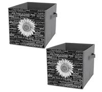 Donnapink 2 PCs Square PU Leather Storage Basket Bin Foldable Organizer with Handles, Waterproof Laundry Hamper 10.6"x10.6"x10.6" Print White Sunflower Head Word Cloud Full of Botanical Terms Dark
