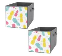 Donnapink 2 PCsSquare Oxford Cloth Storage Basket Bin Foldable Organizer with Handles, Waterproof Laundry Hamper 10.6"x10.6"x10.6" Print Seamless Colorful Pineapples on White Summer Tropical Fruits