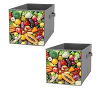 Donnapink 2 PCsSquare Oxford Cloth Storage Basket Bin Foldable Organizer with Handles, Waterproof Laundry Hamper 10.6"x10.6"x10.6" Print Colorful Assortment of Fresh Fruits and Vegetables Texture