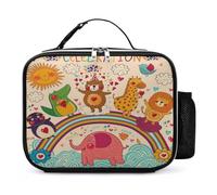Donnapink Leather Lunch Meal Bag with Buckled Handle, Lunchbox Bag Thermal Insulated Cooler Leakproof Picnic 10.6x3.5x8.3 in Print Colorful Bears Giraffe Dinosaur Penguin Elephant Rainbow