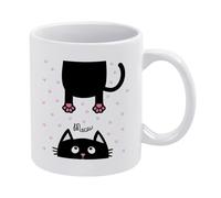 Donnapink Novelty White Ceramic Cup, Funny Tea Coffee Mug 11 Oz, Milk Cup for Cafe Party Home Office Made in USA Print Black Cat Looking Up Pink Cat Paws
