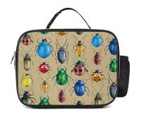 Donnapink Polyester Lunch Meal Bag with Buckled Handle, Lunchbox Bag Thermal Insulated Cooler Leakproof Picnic 10.6x3.5x8.3 in Print Vintage Retro Style Multicolor Beetles on Brown
