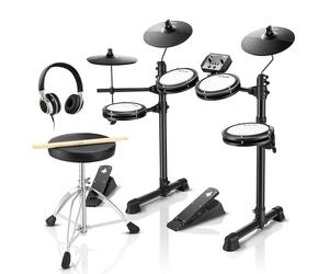 Donner DED-80 Electric Drum Kit, Electronic Drum Sets for Beginner with 4 Quiet Mesh Drum Pads, 2 Switch Pedal, 180+ Sounds, Throne, On-Ear Headphones, Sticks, and Melodics Lessons Included Black