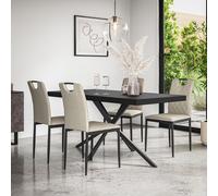 Donni Dining Table And Chairs - Black Table Top w Black Legs + Monza Linen Dining Chair Set Of 6 More4Homes Beige One Size
