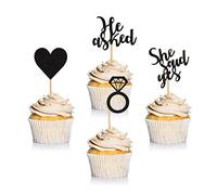 Donoter 24 Pieces Black Glitter Engagement Cupcake Toppers He Asked She Said Yes Diamond Ring Heart Cupcake Picks for Wedding Bridal Shower Party Cake Decorations