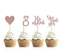 Donoter 48 Pcs Rose Gold He Asked She Said Yes Cupcake Toppers Diamond Ring Heart Cake Picks for Wedding Engagement Party Cake Decorations