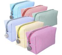 DONQTWAY 6 Pcs Seersucker Makeup Bag, Striped Cosmetic Bags Bulk for Women, Aesthetic Portable Storage Toiletry Organizer Makeup Bags with Zipper for Daily Wedding Bridesmaid Gifts