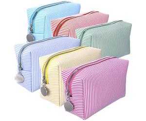 DONQTWAY 6 Pcs Seersucker Makeup Bag, Striped Cosmetic Bags Bulk for Women, Aesthetic Portable Storage Toiletry Organizer Makeup Bags with Zipper for Daily Wedding Bridesmaid Gifts