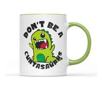 Don't Be A C**tasaurus Mug - Novelty Funny Joke Rude Dinosaur Dino Cute Cartoon T-rex Tyrannosaurus Insult Swearing Saying Quote Phrase Gift Present Cup Tea Coffee (Light Green Handle Prime)