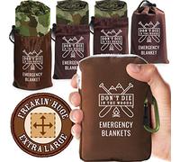 Don't Die In The Woods - Freakin’ Huge Emergency Blankets [4-Pack] Extra-Large Thermal Mylar Space Blankets with Ripstop Nylon Stuff Sacks + Carabiner Zipper Pack [Woodland Camo]