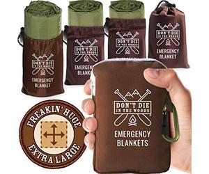 Don't Die In The Woods - Freakin’ Huge Emergency Blankets [4-Pack] Extra-Large Thermal Mylar Space Blankets with Ripstop Nylon Stuff Sacks + Carabiner Zipper Pack [Army Green]