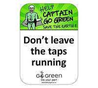 Dont leave the taps running sign - Self adhesive vinyl sticker - Size 100mm x 140mm - Encourage children to save energy with these 'Captain Go Green' environmental awareness stickers (1)