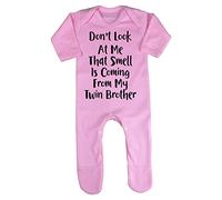 Don't Look at My That Smell is Coming from My Twin Brother Baby Romper Jumpsuit with feet, 3-6 Months, Pastel Pink