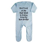Don't Look at My That Smell is Coming from My Twin Brother Baby Romper Jumpsuit with feet, 6-12 Months, Pastel Blue