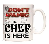 Don't Panic The CHEF Is Here. Ceramic Gift Mug for Chefs everywhere. Can be Personalised with any name and or a short message