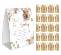 Don't Say Baby Game for Baby Shower, 50 Wooden Clothespins and one Sign, Boho Cow Theme, Pins for Baby Shower Decorations, Boy Baby Shower, Baby Shower Supplies-BB29