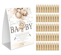 Don't Say Baby Game for Baby Shower, 50 Wooden Clothespins and one Sign, Brown Boho Bear Theme, Pins for Baby Shower Decorations, Gender Reveal Games, Baby Shower Supplies-BB35