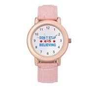 Don't Stop Believing Chicago Flag Women's Watch Pink Rose Gold Strap Wristwatch Minimalist Easy Reader Watchec