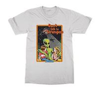 Don't Talk to Strangers Retro Alien Invasion T-Shirt (White, L)