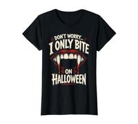Don't Worry I Only Bite On Halloween Vampire Saying Gift Value Graphic T-Shirt, Women, Black, M