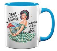 Don't Worry Laundry Nobody's Doing Me Either Pin Up Girl Ceramic Tea Coffee Mug Light Blue