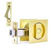 Dontay Pocket Door Lock and Pull, Privacy (Bed/Bath) Latch, Flush Handles, 2-3/8" Backset, Hardware for 1 3/8” to 2 3/16” Thickness Door (Satin Brass + Edge Pull, Square - 1 Pack)