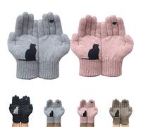 Donubiiu Cat Fan Cotton Gloves,Cat Bird Print Gloves Cute Pink Simple Mitten,Winter Outdoor Thermal Mitten Glove,Knit Cotton Gloves for Women (Grey+Pink)