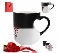 Donubiiu Heart-Shaped Color Changing Ceramic Mug, Heat Sensitive Magic Coffee Cup with Red Roses and Love You More Design, Valentines Gift (Black)